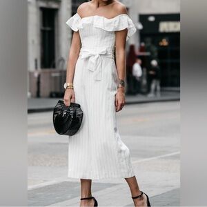 NWT Heatherly White and Tan Striped Lena Ruffle Off-Shoulder Dress